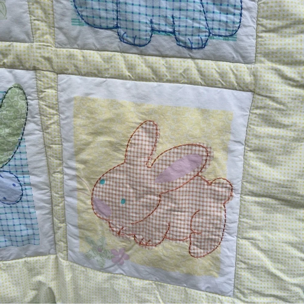 Y2K Carters Tykes Animals Crib Quilt Pastel Gingham Puppy Bee Duck Dragonfly HTF